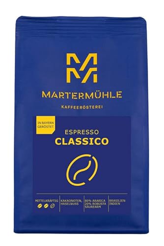 Martermühle Classico Espressobohnen 1kg I Arabica/Robusta I Aromen: Haselnuss, Kakaonoten I Ganze Espresso-Bohnen schonend geröstet, säurearm von Martermühle