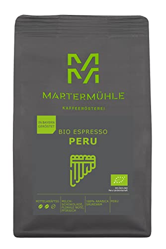 Martermühle Peru Bio Espressobohnen 1kg mittelkräftig I Arabica/Robusta I Aromen: Florale Note, Milchschokolade, Pfirsich I Ganze Bio Espresso-Bohnen schonend geröstet, säurearm von Martermühle
