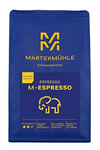 Martermühle M-Espresso Espressobohnen 1kg mittelkräftig I Arabica/Robusta I Aromen: Dunkle Kakaonoten, Walnuss I Ganze Espresso-Bohnen schonend geröstet, säurearm von Martermühle