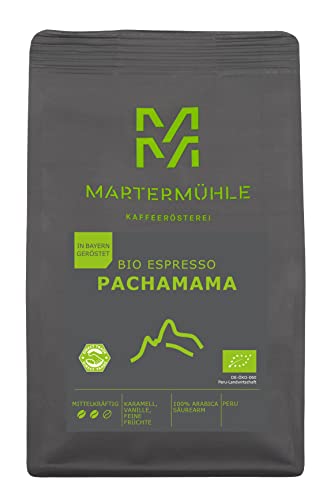 Martermühle Pachamama Bio Espressobohnen 250g I Arabica I Aromen: Feine Früchte, Karamell, Vanille I Ganze Bio Espresso-Bohnen schonend geröstet, säurearm von Martermühle