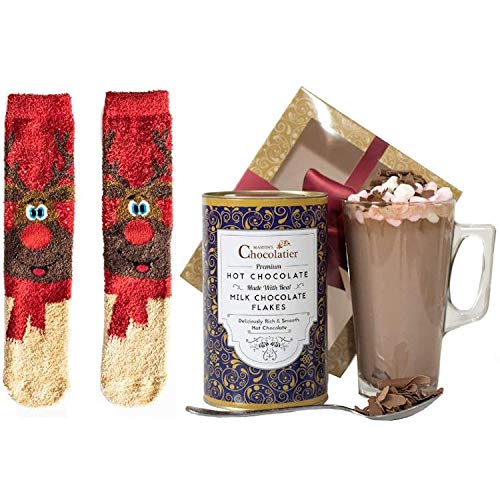 Martins Chocolatier Hot Chocolate Geschenkset | Trinkschokolade aus belgischer Schokoladenspäne | inkl. Glas und Marshmallows Milchschokolade & Rentiersocken von Martins Chocolatier