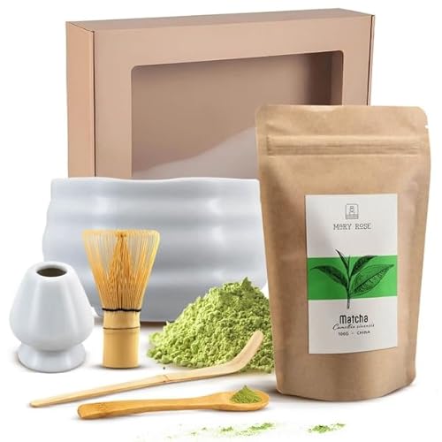 Geschenkset zum Aufbrühen von Matcha-Tee | Japanischer, Matcha Mary Rose Tee | Matcha-Aufbrühzubehör: chawan, kusenaoshi, chasen, chashaku | 100g von Mary Rose