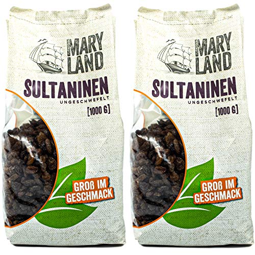 Maryland - 2er Set Sultaninen ungeschwefelt 1 kg - Naturbelassene Premium Rosinen saftig, fruchtig & süß im Geschmack ideal für Müsli, Süßspeisen, als Topping oder zum Backen (Trockenfrüchte 2x1000g) von Maryland