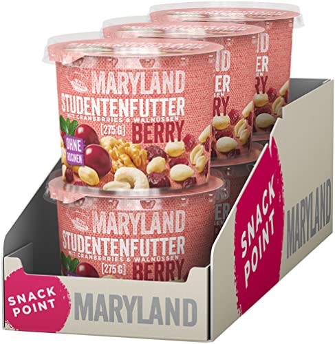 Maryland Studentenfutter Berry 275g Becher Vorratspack Cranberries, Erdnusskerne, Walnusskerne, Mandeln (blanchiert) und Cashewkerne Ohne Rosinen (6 x 275g) von Maryland