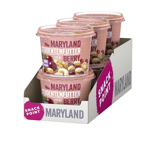 Maryland Studentenfutter Berry 275g Becher Vorratspack Cranberries, Erdnusskerne, Walnusskerne, Mandeln (blanchiert) und Cashewkerne Ohne Rosinen (6 x 275g) von Maryland