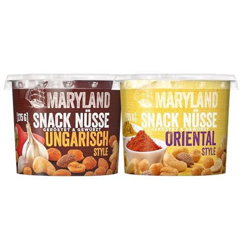 Maryland Snack Nüsse 2er Pack Oriental & Ungarisch Style - Knackige Nussmischungen mit verfeinert mit typischen Gewürzen - Mixpack zum Probieren im wiederverschließbaren Becher - 2 x 275 g Maryland Snack Nüsse 2er Pack Oriental & Ungarisch Style - Knackige Nussmischungen mit verfeinert mit typischen Gewürzen - Mixpack zum Probieren im wiederverschließbaren Becher - 2 x 275 g von Maryland