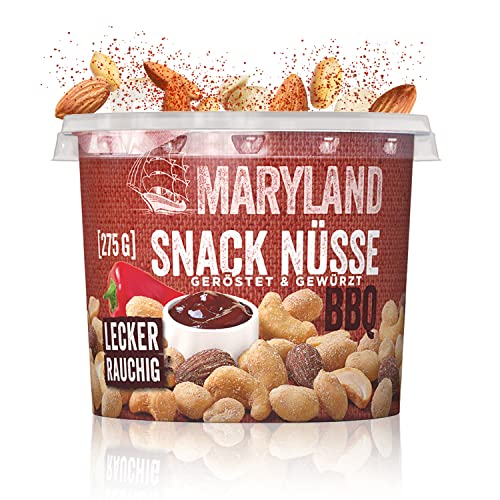 Maryland Snack Nüsse BBQ Style 6 x 275g Becher – Lecker-rauchig gewürzte Nussmischung mit gerösteten Erdnüssen, Cashewkernen und Mandeln – Wiederverschließbarer Becher (6 x 275g) von Maryland
