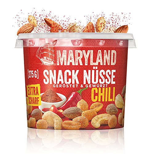 Maryland Snack Nüsse Chili 275g Becher – Knackig-scharf gewürzte Nussmischung mit gerösteten Erdnüssen, Cashewkernen und Mandeln – Chili-scharfer Mix in wiederverschließbarem Becher (1 x 275g) von Maryland
