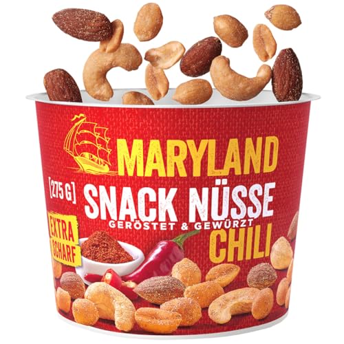 Maryland Snack Nüsse Chili 275g Becher – Knackig-scharf gewürzte Nussmischung mit gerösteten Erdnüssen, Cashewkernen und Mandeln – Chili-scharfer Mix in wiederverschließbarem Becher (1 x 275g) von Maryland