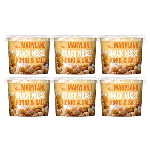 Maryland Snack Nüsse Honig & Salz 6 x 275g Becher - Erdnüsse, Cashewkerne und Mandeln in Nussmischung - Süß & salzig - wiederverschließbarer Becher (6 x 275 g) von Maryland