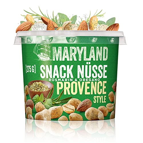 Maryland Snack Nüsse Provence 275g Becher – Mediterran gewürzte Nussmischung mit gerösteten Erdnüssen, Cashewkernen und Mandeln – Würze aus Rosmarin & Oregano (1 x 275g) von Maryland