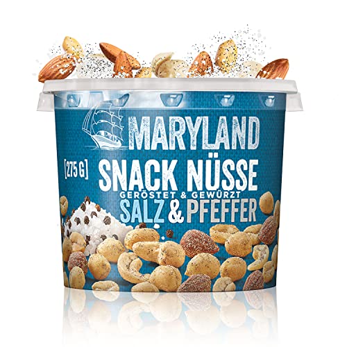 Maryland Snack Nüsse Salz & Pfeffer 275g Becher – Knackig-lecker gewürzte Nussmischung mit gerösteten Erdnüssen, Cashewkernen und Mandeln – Wiederverschließbarer Becher (1 x 275g) von Maryland
