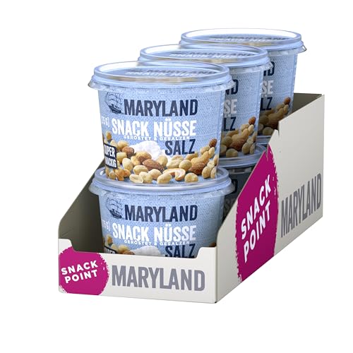 Maryland Snack Nüsse geröstet & gesalzen 275g Becher Vorratspack Erdnüsse, Cashewkerne und Mandeln in Nussmischung Wiederverschließbarer Becher (6 x 275g) von Maryland