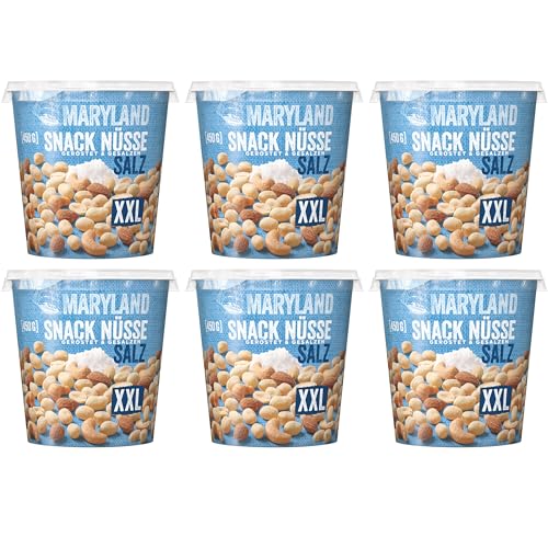 Maryland Snack Nüsse geröstet & gesalzen XXL 6 x 450g Becher - Erdnüsse, Cashewkerne und Mandeln in Nussmischung - klassisch geröstet & gesalzen - wiederverschließbarer Becher (6 x 450 g XXL) von Maryland