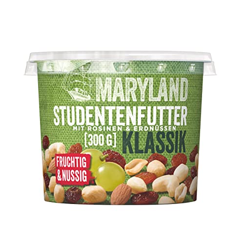 Maryland Studentenfutter Klassik 300g Becher – Rosinen Erdnusskerne Cashewkerne und Mandeln in Nuss Frucht Mischung Wiederverschließbarer Becher (1 x 300g) von Maryland