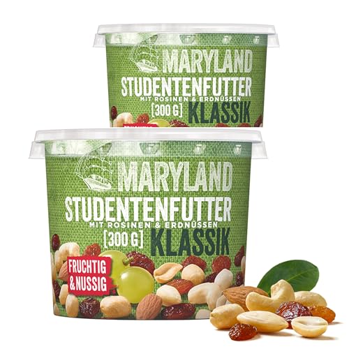 Maryland Studentenfutter Klassik 300g Becher – Rosinen Erdnusskerne Cashewkerne und Mandeln in Nuss Frucht Mischung Wiederverschließbarer Becher (300g (2er Pack), Klassik) von Maryland