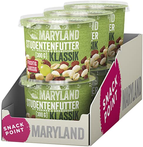 Maryland Studentenfutter Klassik 300g Becher Vorratspack Rosinen, Erdnusskerne, Cashewkerne und Mandeln in Nuss Frucht Mischung Wiederverschließbarer Becher (6 x 300g) von Maryland