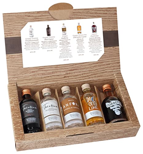 Geschenkset “Marzadro-Grappa-Set “ mit fünf verschiedenen Sorten Grappa (5x 0,05l) in einem edlen Geschenkkarton | Collezione Grappe Marzadro – Tasting-Set zum Verschenken von The Wine Guys