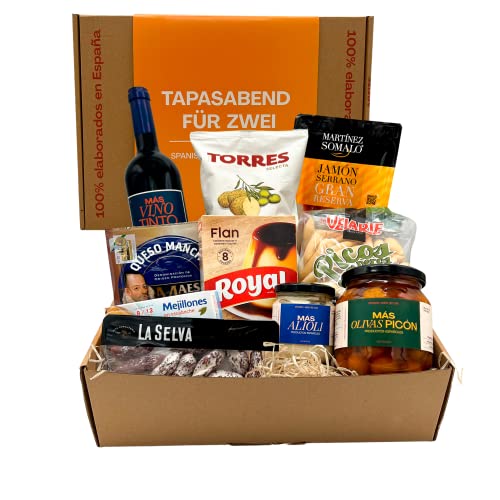 MAS PRODUCTOS ESP - Spanischer Geschenkkorb - TAPAS ABEND FÜR ZWEI - Geschenke für Frauen & Männer - Geschenk Idee für Spanienfans - Feinkost Präsentkorb mit Serrano Schinken von Más Productos Españoles