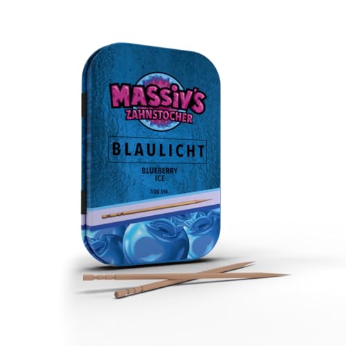 Massiv's Zahnstocher - Zahnstocher mit Geschmack – BLAULICHT Blueberry Ice – 100 aromatisierte Zahnstocher – frischer Atem – stylische Metalldose – vegan, zuckerfrei, kalorienfrei Massiv's Zahnstocher - Zahnstocher mit Geschmack – BLAULICHT Blueberry Ice – 100 aromatisierte Zahnstocher – frischer Atem – stylische Metalldose – vegan, zuckerfrei, kalorienfrei von Massiv's Zahnstocher