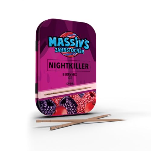 Massiv's Zahnstocher - Zahnstocher mit Geschmack – NIGHTKILLER Berrymix Ice – 100 aromatisierte Zahnstocher – frischer Atem – stylische Metalldose – vegan, zuckerfrei, kalorienfrei Massiv's Zahnstocher - Zahnstocher mit Geschmack – NIGHTKILLER Berrymix Ice – 100 aromatisierte Zahnstocher – frischer Atem – stylische Metalldose – vegan, zuckerfrei, kalorienfrei von Massiv's Zahnstocher