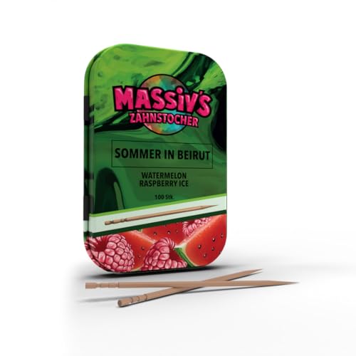 Massiv's Zahnstocher - Zahnstocher mit Geschmack – SOMMER IN BEIRUT Watermelon Raspberry Ice – 100 aromatisierte Zahnstocher – frischer Atem – stylische Metalldose – vegan, zuckerfrei Massiv's Zahnstocher - Zahnstocher mit Geschmack – SOMMER IN BEIRUT Watermelon Raspberry Ice – 100 aromatisierte Zahnstocher – frischer Atem – stylische Metalldose – vegan, zuckerfrei von Massiv's Zahnstocher