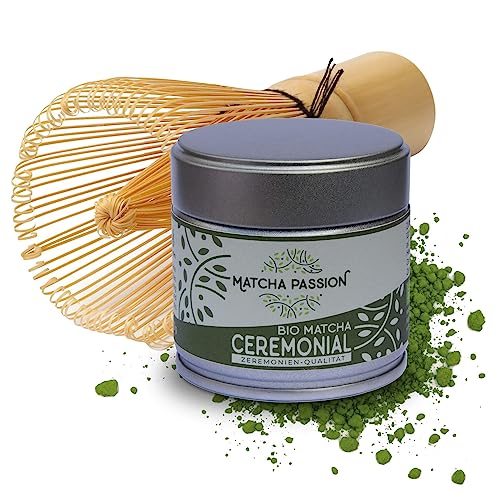 MATCHA PASSION Bio Matcha Ceremonial 30g Pulver + Bambusbesen - Zeremonie Qualität, Kagoshima Japan - purer Genuß oder Mischgetränke wie Matcha Latte - Vegan - Superfood von Matcha Passion