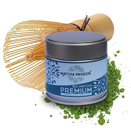 MATCHA PASSION Bio Matcha Premium 30g Pulver mit Bambusbesen - Zeremonie Qualität aus Kagoshima Japan - purer Genuß für tägliche Tee-Zeremonie - Vegan - Superfood von Matcha Passion