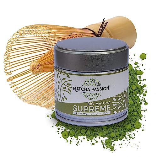 MATCHA PASSION Bio Matcha Supreme 30g Pulver mit Bambusbesen - Zeremonie Qualität, Kagoshima Japan - purer Genuß - Usucha und Koicha geeignet - Vegan - Superfood von Matcha Passion