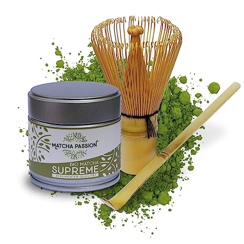 MATCHA PASSION Bio Matcha Supreme 30g Pulver mit Bambusbesen & Bambuslöffel - Zeremonie Qualität, Kagoshima Japan - purer Genuß - Usucha und Koicha geeignet - Vegan - Superfood von Matcha Passion