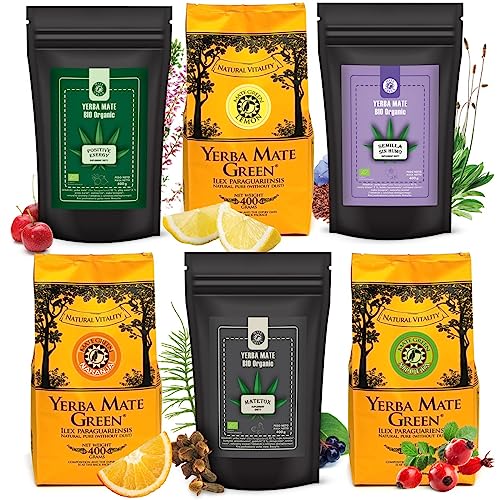 Brasilian Yerba Mate-Tee "Mate Green" Set 6x400g | Yerba Mate Tee mit Orange und Zitrone Geschmack, BIO Organik mit Krauter und Frucht | Mate-Tee loose leaf 2400g organic mit frucht von Mate Green
