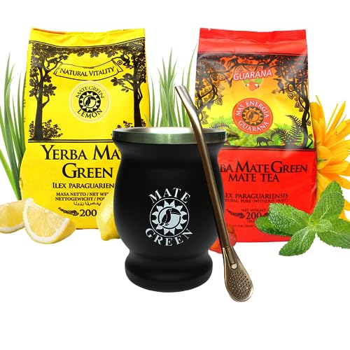 Brasilian Yerba Mate Tee Set 'Mate Green' | Yerba mate-tee mit Zitrone 200g | Mate Tee mit Guarana 200g | Edelstahl mate tee becher Black 220ml | Stahl Trinkhalm Bombilla 19cm von Mate Green
