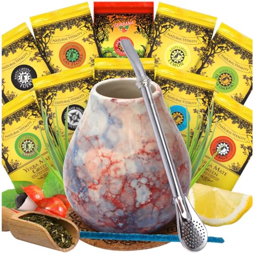 Brasilian Yerba mate-tee set Mate Green 20x50 und keramik mate tee tassen Caleidoscope 350ml tasche ● Edeltahl trinkhalm Bombilla 19cm ● Korkpad und Löffel ● Yerba Mate-Tee loose leaf 1kg von Mate Green