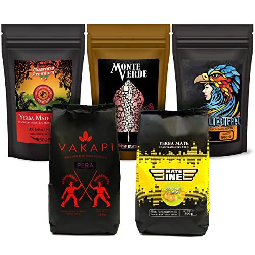 Ein Set der besten fruchtigen Yerba Mate Tees 5x500g | Curupira Mango Huerto | Vakapi Pera | Monte Verde Sabrosso Raspberry | Mate Green Premium Guarana | Mateina Naranja y Limon von Mate Green