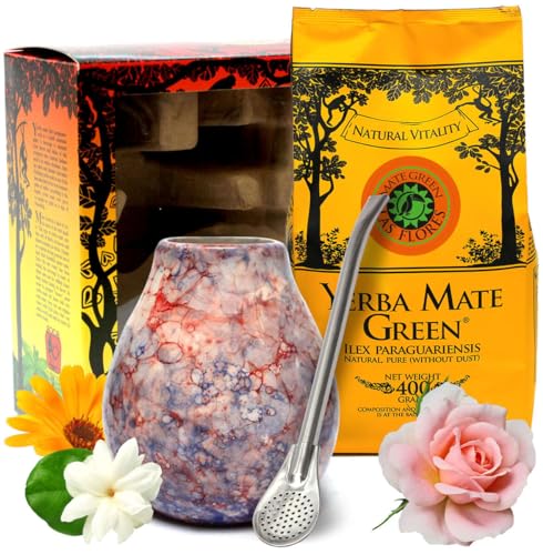 Geschenkset Mate Green yerba mate-tee Las Flores 400g | Caleidoscope mate-tee becher 350ml kearmik tassen | Edelstahl trinkhalm bombilla 19cm | Geschenkset von bester Qualität Mate von Mate Green