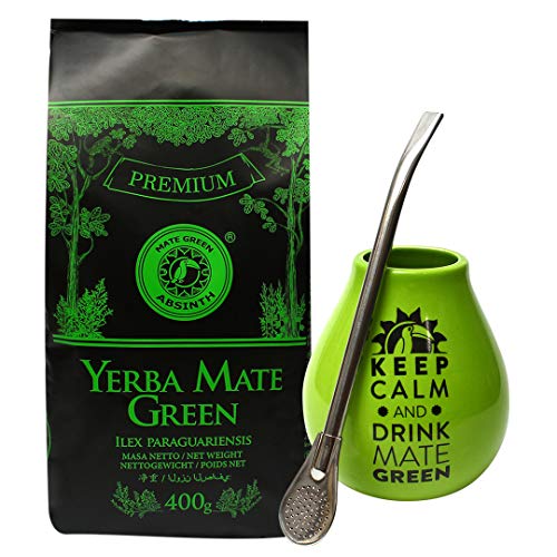 Mate Green Absinth Set | Ceramic Gourd "Keep Calm and Drink Mate Green" logo | Steel Bombilla Straw Liza | Oryginal Set - Perfect as a Gift for Yerba Mate Enthusiasts, 0,4 kg von Mate Green