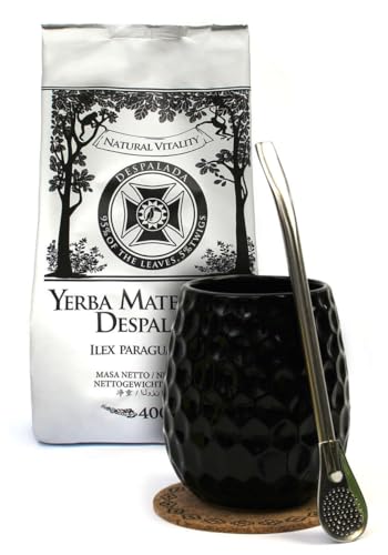 Mate Green Einsteigerset Yerba Mate Tee mit Keramik becher Querida 350ml - Edelstahl trinkhalm Bombilla 19cm und Korkpad - Brasilianische Despalada mate-tee 400g lose blätter - Vegan, Ohne gluten von Mate Green