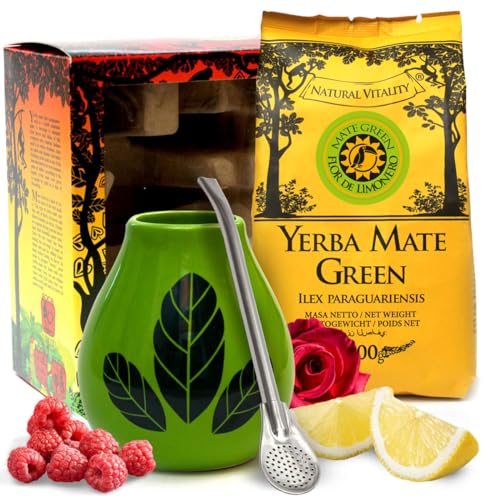 Mate Green Geschenkset mit Brasilianischer yerba mate-tee | Keramik mate-tee becher Hoja Grün 350ml und Edelstahl trinkhalm bombilla 19cm | Yerba mate-tee fruchtig Flor de Limonero 200g von Mate Green