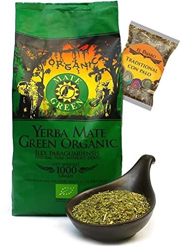 Mate Green Mate Tee Bio ● Yerba Mate Bio 1 kg ● Organisher Lose Blätter | 95% große Blätter 5% Stöcke | Traditionell geerntet, ohne Rauch getrocknet ● Brasilianischer Mate-Tee ● 25g El Pajaro von Mate Green