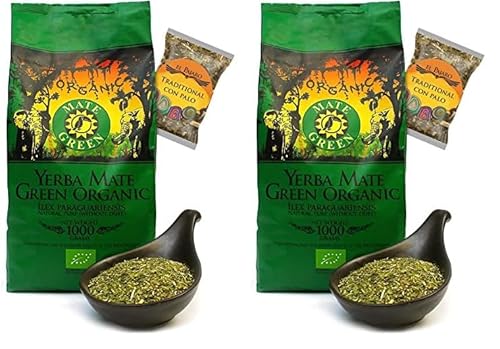 Mate Green Mate Tee Bio ● Yerba Mate Bio 1 kg ● Organisher Lose Blätter | 95% große Blätter 5% Stöcke | Traditionell geerntet, ohne Rauch getrocknet ● Brasilianischer Mate-Tee ● 25g El Pajaro von Mate Green