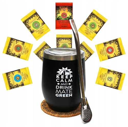 Mate Green ● Mate Tee Set 500g mit Mate Becher und Bombilla Strohhalm ● Traditioneller brasilianischer Mate Tee mit Früchten ● Schwarzer Edelstahl Mate Becher von Mate Green