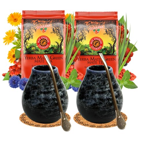 Mate Green Yerba Mate Tee Set für 2 Personen – Mas Energia Guarana 400g – Marmol Blue Keramikbecher 350ml – Edelstahl Bombilla 19 cm – Loser Tee 2x200g Mate Green Yerba Mate Tee Set für 2 Personen – Mas Energia Guarana 400g – Marmol Blue Keramikbecher 350ml – Edelstahl Bombilla 19 cm – Loser Tee 2x200g von Mate Green