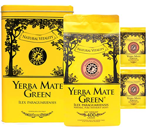 Mate Green Mate Teedose Set | Mate Tee Sarsaparilla 500g | Behälter für Tee | Set mit Teedose und Mate Tee | Kaffee Alternative | Feine, brasilianische Mate Tee von Mate Green