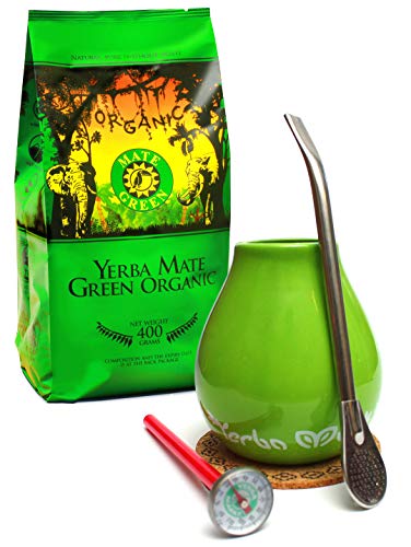 Mate Green Organic Yerba Mate Set, Organic Yerba Mate 400g, Ceramic Luka Green cup 350ml, Termometer and a cork coaster, 600 g von Mate Green