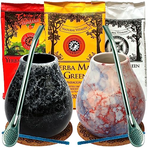 Mate Green Set mit Brasilian Mate-Tee 600g | Keramik tee tasse Caleidoscope und Marmol mate-tee becher | Stahl Trinkhalm Bombilla mit accessories von Mate Green