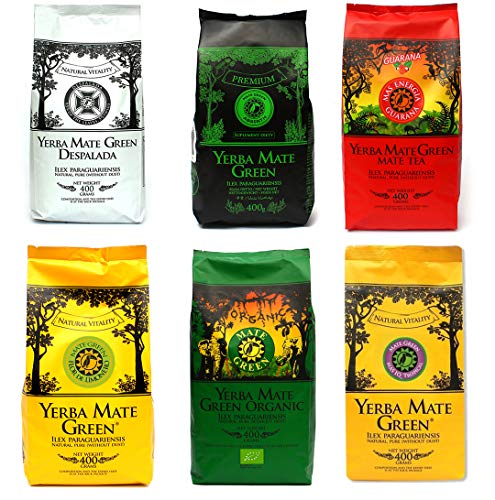 Mate Green Yerba 6x400g set 2,4kg | Mas Energia Guarana, Absinth, Organic (Bio), Flor de Limonero, Despalada, Mas IQ Tropical, 2400 g von Mate Green