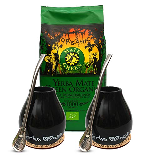 Mate Green Yerba Bio Organic Set for Two | Yerba Mate Green Bio 1kg | Two Luka ceramic cups 350ml | Stainless steel Liza bombilla straws 19cm | Cork Coasters, 1.3kg von Mate Green