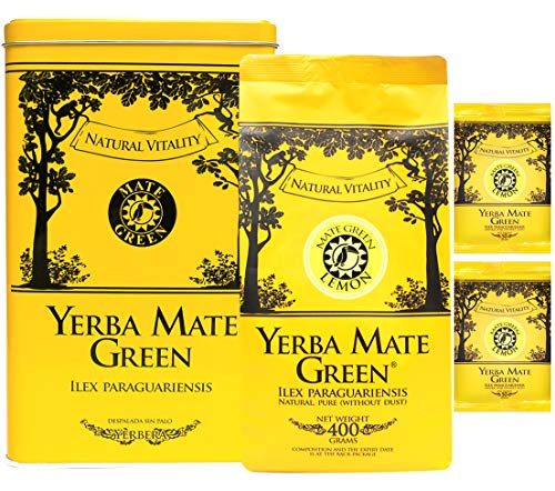 Mate Green Mate Teedose Set | Mate Tee Lemon 500g | Behälter für Tee | Set mit Teedose und Mate Tee | Kaffee Alternative | Feine, brasilianische Mate Tee von Mate Green