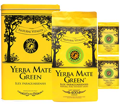 Mate Green Mate Teedose Set | Mate Tee Frutas 500g | Behälter für Tee | Set mit Teedose und Mate Tee | Kaffee Alternative | Feine, brasilianische Mate Tee von Mate Green