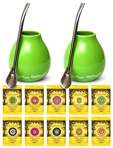 Mate Green Yerba Mate 0,5kg Set for Two | Ceramic cup LUKA GREEN 350 ml | Bombilla LIZA 19 cm | 10x50g Flavors | Cork Coasters | Starter Set, 2.16 kg von Mate Green